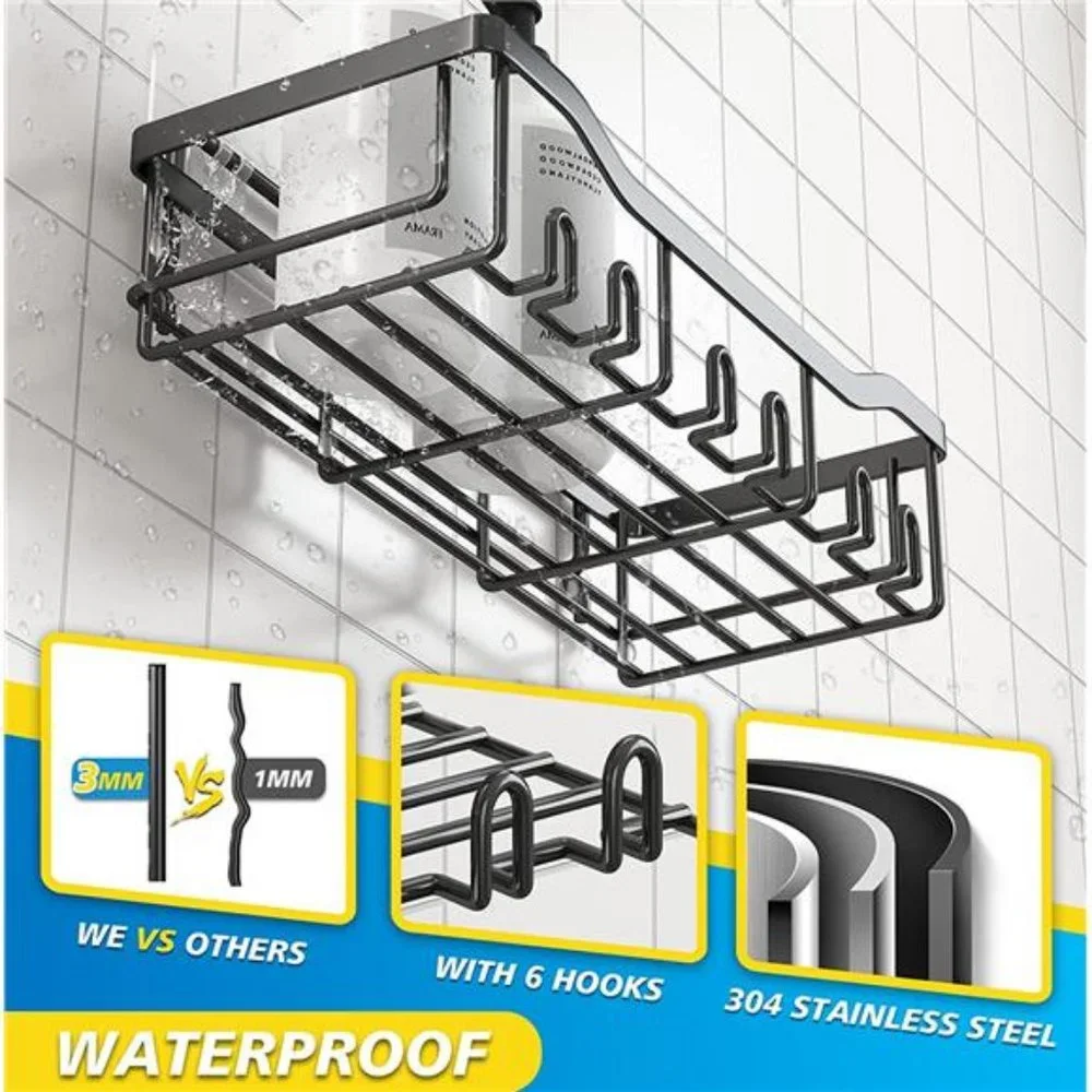 Shower Shelves [5-Pack], Adhesive Shower Organizer, Stainless Steel, Black